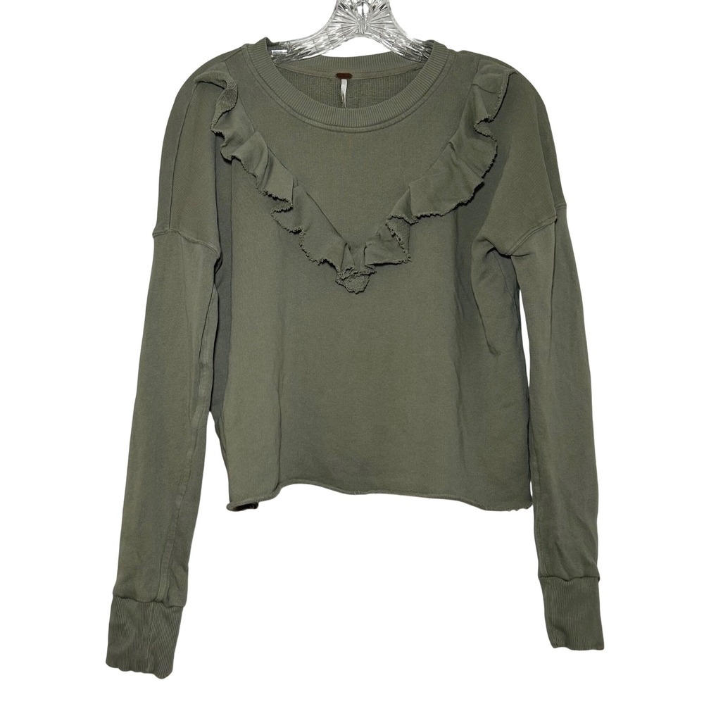 Free People Ruffle Front Sweatshirt Olive Green XS Raw Hem Cotton Pullover